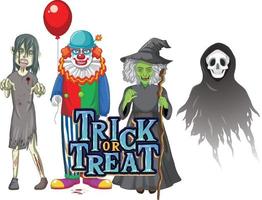 trick or treat-tekstontwerp met halloween-spookkarakters vector