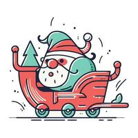 Kerstmis en nieuw jaar vector illustratie. de kerstman claus ritten een wagon met geschenken. lijn kunst stijl.