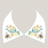 satijn steek borduurwerk ontwerp met geel bloemen en bij. volk lijn bloemen modieus patroon voor jurk halsband. natuurlijk mode ornament voor nek Aan wit achtergrond. vector