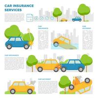 concept van auto verzekering tegen divers incidenten. bladzijde sjabloon met plaats voor tekst en verschillend auto ongelukken. kleurrijk vector, tekenfilm stijl. vector