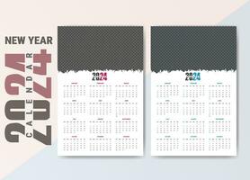 een bladzijde muur kalender 2024, afdrukbare kalender sjabloon ontwerp met gepersonaliseerd foto ruimte in achtergrond. nieuw jaar kalender, 12 maanden kalender week begint Aan zondag vector