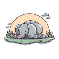 vector illustratie van een schattig olifant slapen in de gras met zon in de achtergrond.