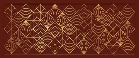 luxe meetkundig goud lijn kunst en kunst deco achtergrond vector. abstract meetkundig kader en elegant kunst nouveau met delicaat. illustratie ontwerp voor uitnodiging, banier, vip, interieur, decoratie. vector