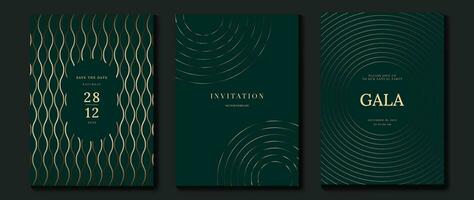 luxe uitnodiging kaart achtergrond vector. gouden kromme elegant, goud lijn helling Aan groen kleur achtergrond. premie ontwerp illustratie voor gala kaart, groots opening, partij uitnodiging, bruiloft. vector