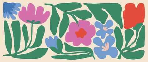 abstract botanisch kunst achtergrond vector. natuurlijk hand- getrokken patroon ontwerp met bladeren tak, bloem. gemakkelijk hedendaags stijl geïllustreerd ontwerp voor kleding stof, afdrukken, omslag, banier, behang. vector