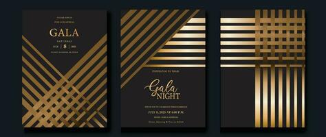 luxe uitnodiging kaart achtergrond vector. gouden kromme elegant, goud lijn helling Aan donker kleur achtergrond. premie ontwerp illustratie voor gala kaart, groots opening, partij uitnodiging, bruiloft. vector