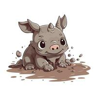 schattig baby neushoorn in modder. vector illustratie.