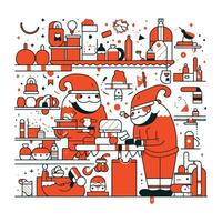 de kerstman claus en elf in de keuken. vector illustratie in dun lijn stijl.