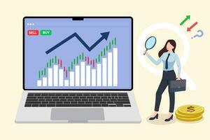 bedrijf vrouw verkopen voorraad door labtop ,zoeken voor bedrijf mogelijkheden, aandelen markt diagram tabel Aan tablet scherm, handel kandelaar tabel Aan elektronisch apparaten, globaal voorraad uitwisselingen , forex. vector