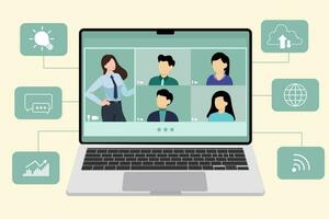 zakenlieden pratend Aan video conferentie, mensen Verbinden samen, aan het leren of vergadering online met teleconferentie, afgelegen werk, werk van huis, vector illustratie.