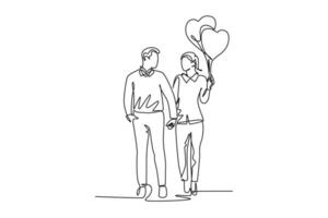 single een lijn tekening jong gelukkig Mens en vrouw paar nemen een wandelen samen en Holding hart vormig ballon. romantisch huwelijk liefde concept. doorlopend lijn trek ontwerp grafisch vector illustratie