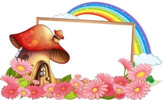 lege banner met fantasie paddenstoelenhuis en veel bloemen vector