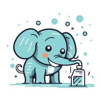 schattig weinig olifant met een fles van shampoo. vector illustratie.