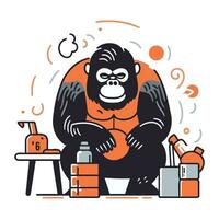 gorilla zittend in voorkant van een tafel met een veel van dingen. vector illustratie.