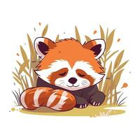 rood panda slapen Aan de gras. schattig tekenfilm vector illustratie.