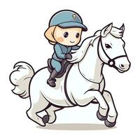schattig weinig jongen rijden een wit paard. tekenfilm vector illustratie.
