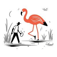 flamingo en een Mens in de park. vector illustratie.