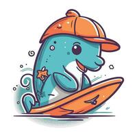 vector illustratie van schattig tekenfilm walvis met surfboard Aan wit achtergrond.