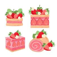 reeks van vector illustraties van aardbei cakes geïsoleerd Aan wit achtergrond. toetjes, snoepgoed met aardbeien. desserts illustraties in vlak stijl.