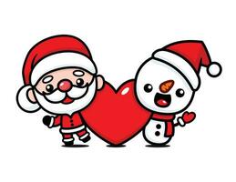schattig en kawaii Kerstmis de kerstman claus en sneeuwman tekenfilm karakter met groot hart vector