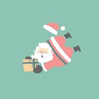 vrolijk Kerstmis en gelukkig nieuw jaar met schattig de kerstman claus en Cadeau geschenk in de winter seizoen groen achtergrond, vlak vector illustratie tekenfilm karakter kostuum ontwerp