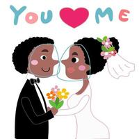 bruid en bruidegom die gezichtsschilden dragen tijdens hun huwelijk in covid-cartoon vector