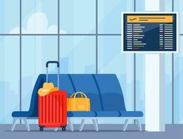 leeg luchthaven aankomst aan het wachten kamer of vertrek lounge met stoelen en informatie panelen. terminal hal met groot luchthaven venster. vector illustratie.