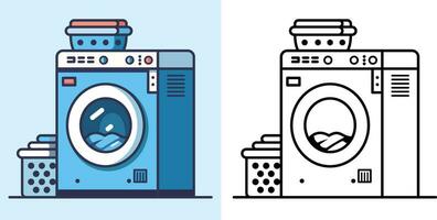 wasserij lader vector illustratie, wasserij machine, het wassen machine gekleurde en zwart en wit lijn kunst voorraad vector beeld