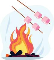 roosteren marshmallows in brand vlak stijl vector illustratie, vleespen marshmallows, marshmallows in eetstokjes bbq vlak stijl voorraad vector beeld