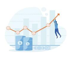 klein mensen Trekken indicator pijl naar beneden met touw, verminderen met inspanningen vat hoog kosten en toenemen financieel winst, globaal olie marketing. vlak vector modern illustratie