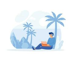 werk overal. online modern communicatie technologie. Mens werken Aan internet via laptop resting Aan tropisch strand. worden verbonden overal. vlak vector modern illustratie