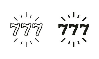 777 pot lijn en silhouet zwart icoon set. geluk in fruit sleuf machine. het gokken Speel. 777 winnen loterij symbool verzameling. geïsoleerd vector illustratie.