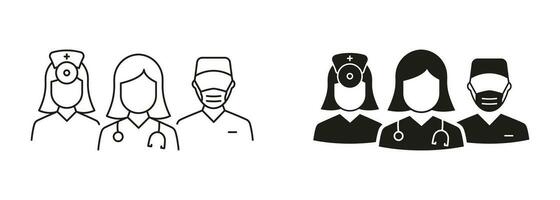 artsen en verpleegster team lijn en silhouet zwart icoon set. medisch specialisten groep pictogram. gezondheidszorg professioneel ziekenhuis personeel symbool verzameling. geïsoleerd vector illustratie.