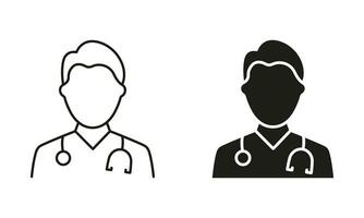 professioneel dokter Mens met stethoscoop lijn en silhouet zwart icoon set. medisch specialist symbool verzameling. mannetje artsen, medisch assistent pictogram. geïsoleerd vector illustratie.