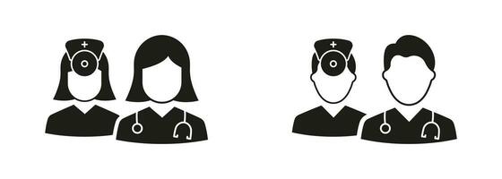 gezondheidszorg professioneel, ziekenhuis personeel symbool verzameling. medisch specialisten groep solide pictogram. artsen en verpleegster team silhouet zwart icoon set. geïsoleerd vector illustratie.