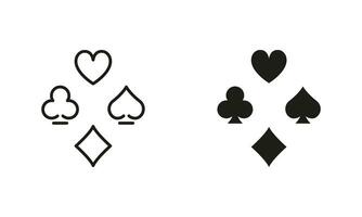 kaart pak, het gokken spade lijn en silhouet zwart icoon set. spelen kaart. casino spel pictogram. poker Speel pak symbool verzameling. zwart jack club in las vegas symbool. geïsoleerd vector illustratie.