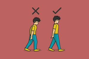 mis en correct standen voor wandelen vector illustratie. mensen gezondheidszorg icoon concept. beweging animatie van de karakter vector ontwerp.
