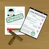 goedgekeurd lening sollicitatie. financieel credit het formulier, hypotheek contract document goedkeuring, vector illustratie