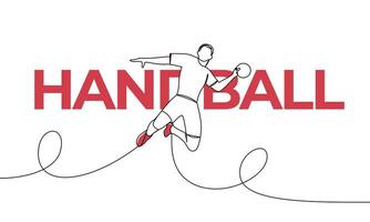 single doorlopend tekening van een handbal speler jumping met de bal. type van sport, handbal. gekleurde elementen en titel. een lijn vector