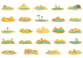 meer in woestijn pictogrammen reeks tekenfilm vector. palm boom oase vector