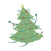 kawaii tekening Kerstmis boom dansen. kinderen handgemaakt naief stijl. gemakkelijk nieuw jaar karakter geïsoleerd Aan wit achtergrond. gelukkig net concept. vector