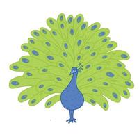 pauw met groene en blauwe veren, vectorillustratiebeeldverhaal.