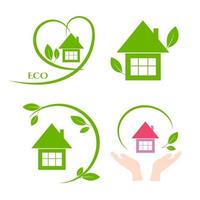 een set eco-huis met groene bladeren en handen vector