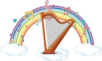 harp met melodiesymbolen op regenboog vector