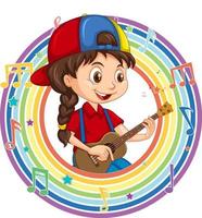 een meisje dat gitaar speelt in een regenboog rond frame met melodiesymbolen vector