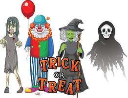 trick or treat-tekstontwerp met halloween-spookkarakters vector