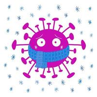 cartoon coronavirus bacteriën in blauwe sjaal met sneeuwvlokken vector