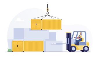 vorkheftruck die een vrachtcontainer in opslag brengt vector