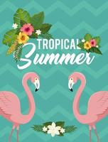 tropische zomerposter met flamingo's en bloemen vector