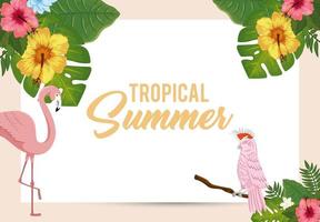 tropische zomerposter met flamingo roze en papegaai vector